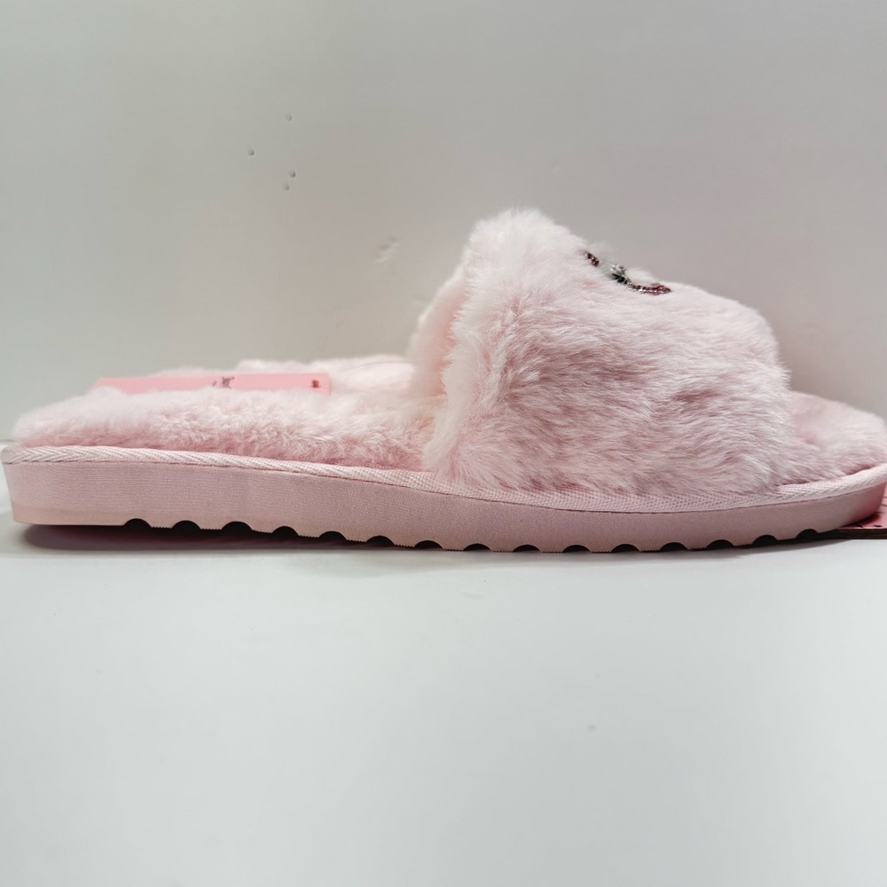 Juicy Couture YK2 JC-Hearty Pink Studded Heart-Faux Fur Slippers - Picture 8 of 8